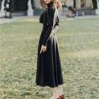 Mock Turtleneck Long-sleeve Mesh Panel Midi A-line Dress
