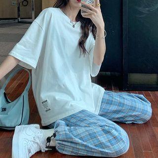 Plain Short-sleeve T-shirt / Plaid Drawstring-cuff Harem Pants
