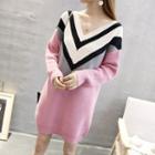 V-neck Color Block Long-sleeve Knit Dress