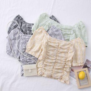 Plaid Ruched V-neck Crop Top