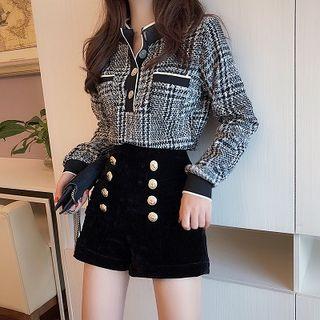 Long-sleeve Placket Top / Velvet Shorts