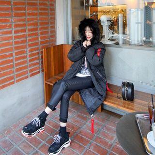 Hooded Contrast-trim Padded Coat Black - One Size