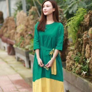 3/4-sleeve Two-tone Midi Dress As Shown In Figure - One Size