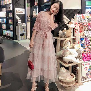 Elbow-sleeve Dotted Tiered Midi Skirt