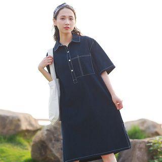 Side Slit Elbow-sleeve Collared Dress