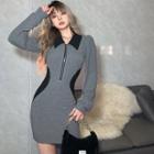 Long-sleeve Two-tone Collared Zip-up Knit Mini Sheath Dress