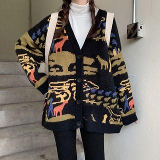 Print V-neck Loose-fit Cardigan Black - One Size