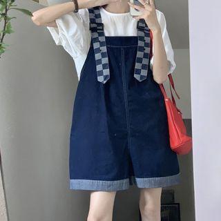 Puff-sleeve Blouse / Checker Print Strap Denim Jumper Shorts