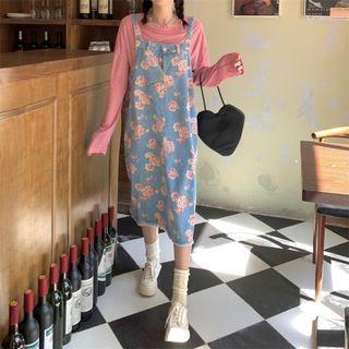 Floral Denim Midi Overall Dress / Long-sleeve T-shirt