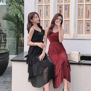 Spaghetti Strap Glitter Tiered Midi Dress