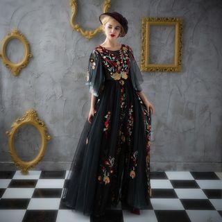 Frilled Print Evening Dress