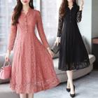 Long-sleeve Stand-collar Lace A-line Midi Dress