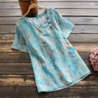 Print Short-sleeve Chinese Knot Button Top Blue - One Size