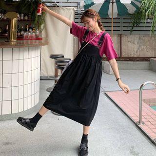 Elbow-sleeve T-shirt / A-line Midi Dungaree Dress
