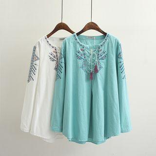 Embroidered Lace Up Blouse