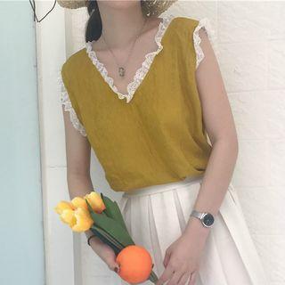 Lace Trim Sleeveless V-neck T-shirt