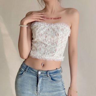 Floral Print Lace Trim Tube Top