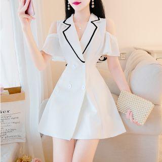 Short Sleeve Cold Shoulder Double-breasted A-line Dress