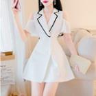 Short Sleeve Cold Shoulder Double-breasted A-line Dress