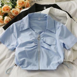 Drawstring-hem Zipper Crop Shirt