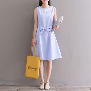 Embroidered Sleeveless Striped A-line Dress