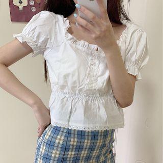 Short-sleeve Ruffle Trim Peplum Blouse As Shown In Figure - One Size