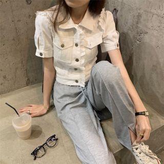 Short-sleeve Lace Trim Shirt / Front-slit Straight Leg Pants