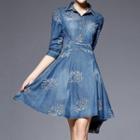Embroidered Elbow-sleeve Denim A-line Dress
