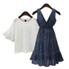 Set: Ruffle Trim Elbow Sleeve Top + V-neck Floral Print Pinafore Chiffon Dress