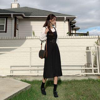 Set: Balloon-sleeve Blouse + Overall Long Dress With Belt