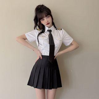 Short-sleeve Pocket Detail Shirt / Mini Pleated Skirt / Tie / Set