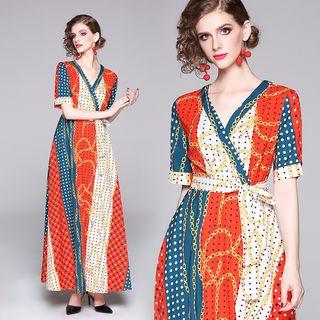 Printed Short-sleeve Wrap Maxi A-line Dress