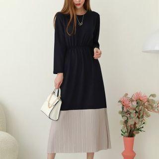 Pleat-hem Two-tone Long Dress