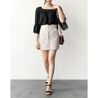 Button-detail Linen Blend Skirt