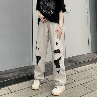 High Waist Distressed Washed Loose-fit Jeans
