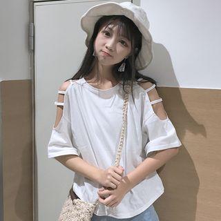 Elbow-sleeve Cutout Shoulder Top