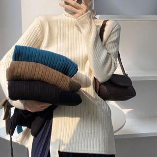 Turtleneck Slit Rib Knit Top