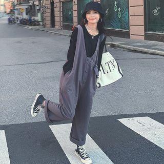 Set: Long Sleeve Round Neck Plain T-shirt + Sleeveless V-neck Wide-leg Jumpsuit
