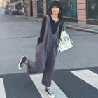 Set: Long Sleeve Round Neck Plain T-shirt + Sleeveless V-neck Wide-leg Jumpsuit