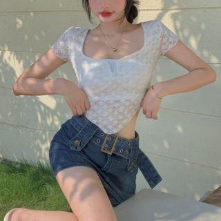 Square-neck Lace Crop Top As Shown In Figure - One Size