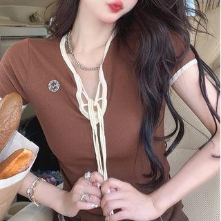 Short-sleeve Lace-up Knit Crop Top Dark Brown - One Size