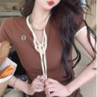 Short-sleeve Lace-up Knit Crop Top Dark Brown - One Size