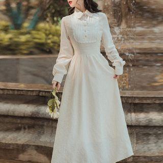 Long-sleeve Pintuck Panel Midi A-line Dress