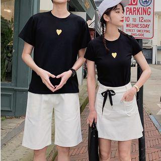 Couple Matching Heart Print Short-sleeve T-shirt / Pocket Detail A-line Skirt / Shorts