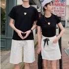 Couple Matching Heart Print Short-sleeve T-shirt / Pocket Detail A-line Skirt / Shorts