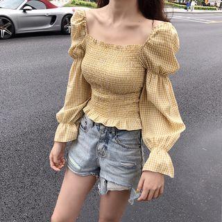 Checked Off-shoulder Puff-sleeve Peplum Top As Shown In Figure - One Size