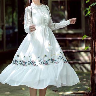 Long-sleeve Lace-trim Embroidered Midi A-line Dress