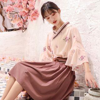 Flower Print Flared-sleeve Hanfu Blouse / Striped Panel High-waist A-line Skirt