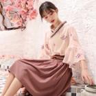 Flower Print Flared-sleeve Hanfu Blouse / Striped Panel High-waist A-line Skirt
