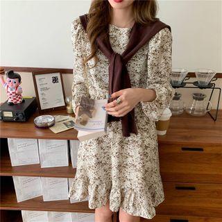 Long-sleeve Floral Print Mini A-line Dress / Scarf